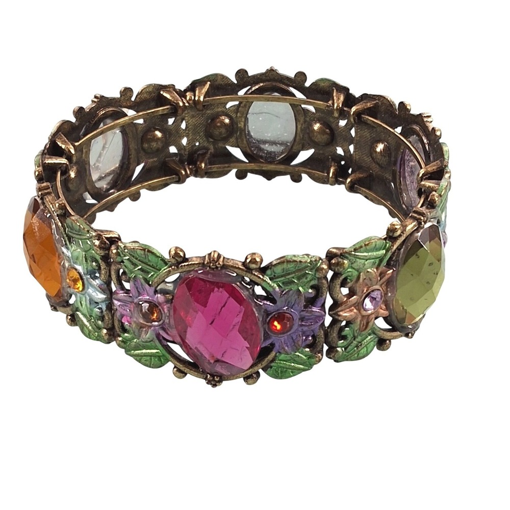 Vintage Style Bronze Filigree Multi Color Crystal Stretch Bracelet
